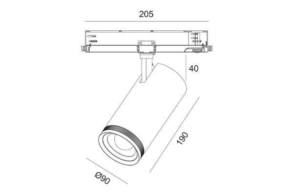 Proiettore a LED 3CCT Dual Power zoomabile DALI 28/40W - disegno tecnico
