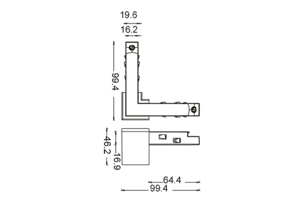 Connessione a L per binario 48Vdc a plafone e incasso per sistema DALI e On-Off - disegno tecnico