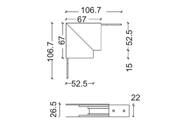 Connessione a L per binario a plafone 48Vdc per sistema DALI e On-Off - luce interna - disegno tecnico