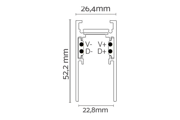 Binario nero a plafone 48Vdc per sistema DALI e On-Off - disegno tecnico